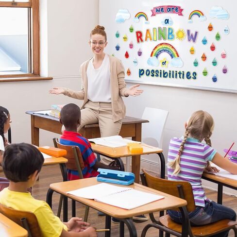 Pajean 73 PCS Rainbow Bulletin Board نحن قوس قزح من الاحتمالات القواطع ، زينة الفصول الدراسية التحفيزية الملونة ، قطرات المطر ، قاطعات الشمس للعودة إلى المدرسة على السبورة. in Saudi Arabia