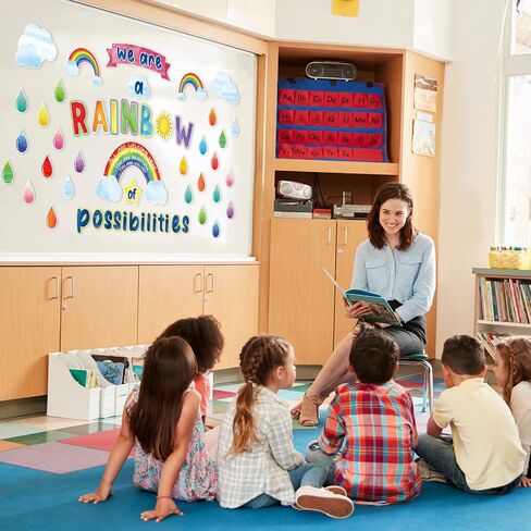 Pajean 73 PCS Rainbow Bulletin Board نحن قوس قزح من الاحتمالات القواطع ، زينة الفصول الدراسية التحفيزية الملونة ، قطرات المطر ، قاطعات الشمس للعودة إلى المدرسة على السبورة. in Saudi Arabia