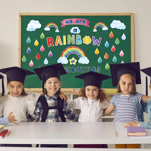 Pajean 73 PCS Rainbow Bulletin Board نحن قوس قزح من الاحتمالات القواطع ، زينة الفصول الدراسية التحفيزية الملونة ، قطرات المطر ، قاطعات الشمس للعودة إلى المدرسة على السبورة. in Saudi Arabia