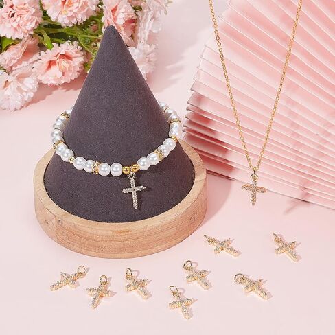 Beebeecraft 1 Box 10pcs Small Gold Cubic Zirconia Cross Charm with Jump Ring REAL 18K GOLD PRASS CLOSE CLASTERANT SHARM FOR Jewelry Making Making Darres Procelets Supplies DIY Crafts in Saudi Arabia
