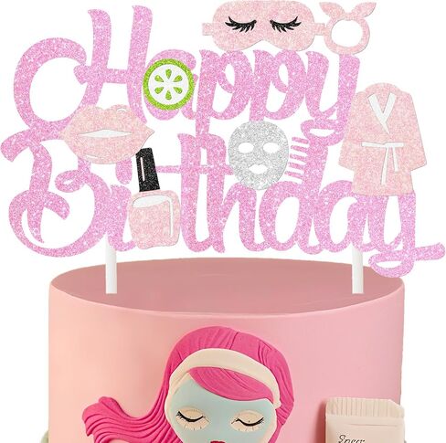 Spa Birthday Cake Decoration Spa Themed Cake Topper Makeup Party Decorations Glitter Pink Spa Day Mask Cake Picks for Makeover Slumber Sleepover Birthday Party Supplies in Saudi Arabia