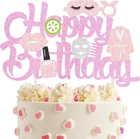 Spa Birthday Cake Decoration Spa Themed Cake Topper Makeup Party Decorations Glitter Pink Spa Day Mask Cake Picks for Makeover Slumber Sleepover Birthday Party Supplies in Saudi Arabia