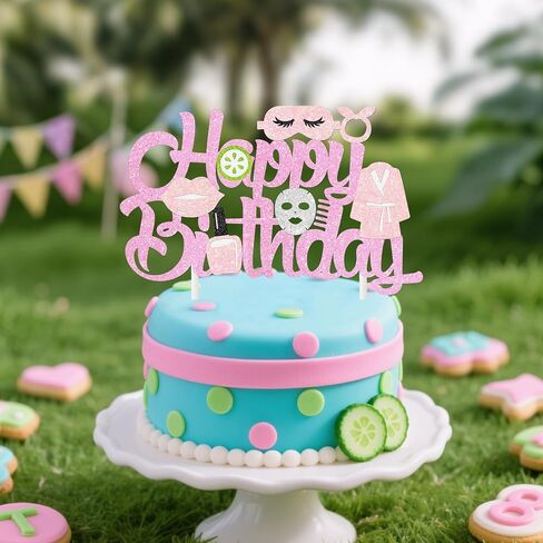 Spa Birthday Cake Decoration Spa Themed Cake Topper Makeup Party Decorations Glitter Pink Spa Day Mask Cake Picks for Makeover Slumber Sleepover Birthday Party Supplies in Saudi Arabia