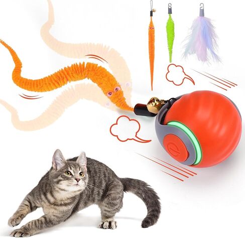 Dr. Fluffyyes ™ Interactive Cat Toy Ball-كرة قابلة للتنشيط بالحركة ، مع إعادة شحن USB مع غطاء مضاد للخلع و 2 ذيول قابلة للتغيير-لعبة الإثراء الداخلية الممتعة للقطط والقطط النشطة (Orange) in Kuwait