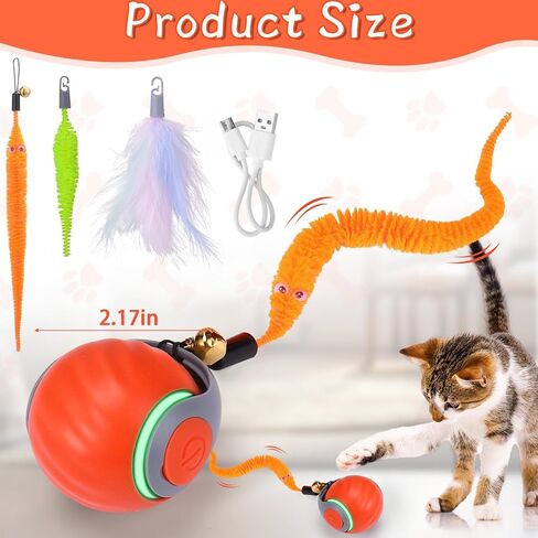 Dr. Fluffyyes ™ Interactive Cat Toy Ball-كرة قابلة للتنشيط بالحركة ، مع إعادة شحن USB مع غطاء مضاد للخلع و 2 ذيول قابلة للتغيير-لعبة الإثراء الداخلية الممتعة للقطط والقطط النشطة (Orange) in Kuwait