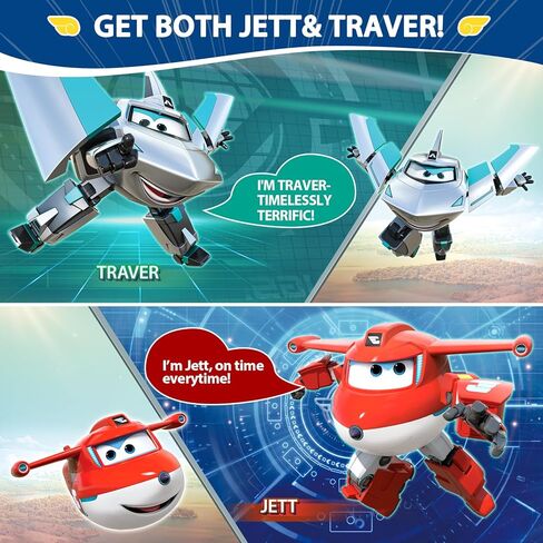 Super Wings Transformable Toys Playset, 5 in Jett and Traver Airplane Transforming Figures Toys Set, 2 in 1 Mode Rescue Bots Toy for 3-5 Year Old Boys Girls, Plane Toy for Toddlers Kids Age 3 4 5 6 in Kuwait