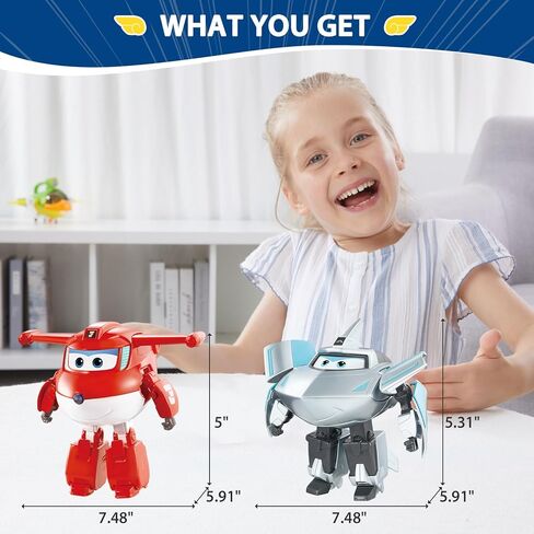 Super Wings Transformable Toys Playset, 5 in Jett and Traver Airplane Transforming Figures Toys Set, 2 in 1 Mode Rescue Bots Toy for 3-5 Year Old Boys Girls, Plane Toy for Toddlers Kids Age 3 4 5 6 in Kuwait