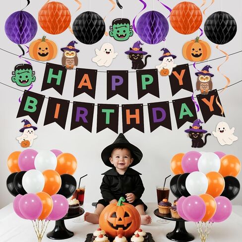 زخارف عيد ميلاد هالوين سعيد - بالونات ، دوامات معلقة ، كرة قرص العسل ، علم مثلث ، كعكة توبر - هالوين موضوع عيد ميلاد ديكور حفلة عيد ميلاد in Kuwait