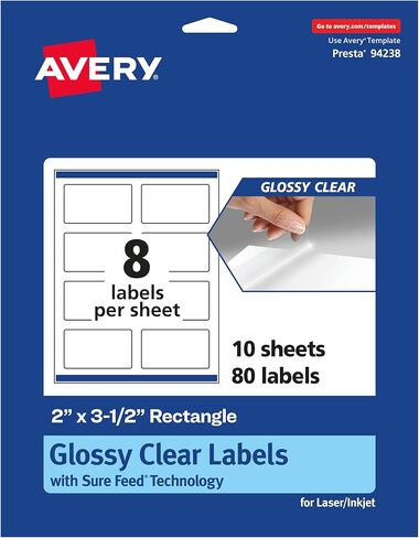 Avery Glossy Clear Rectangle Labels, Sure Feed Technology, 2" x 3.5", 80 Glossy Clear Labels, Print-to-The-Edge, Laser/Inkjet Printable in Kuwait