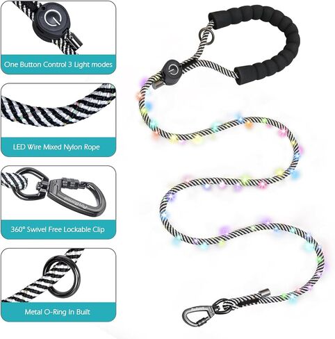 PetBonus 5 FT LED Dog Leash, Rechargeable Light Up Rope Dog Lead, 3 Lighting Modes, Thick Soft Padded Handle, Safer Night Walking for Small Medium Dogs (Black) in Saudi Arabia