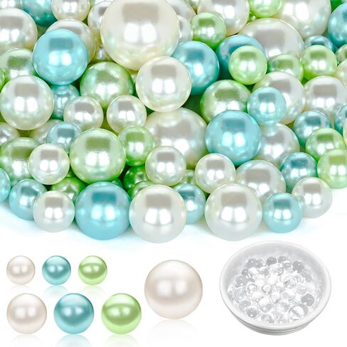 U-LIAN Green Floating Beads for Centerpieces, 160PCS No Hole Faux Pearls and 3000PCS Water Beads for Vase Filler, Round Glossy Polished Bead for Table Scatters, Wedding Party, Home Decor, 10/14/20mm in Kuwait