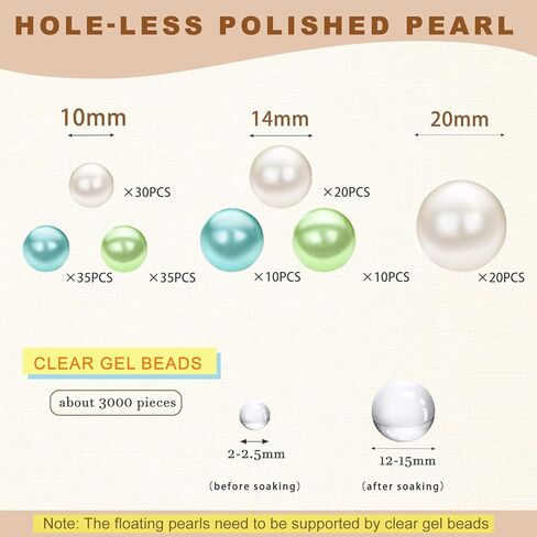 U-LIAN Green Floating Beads for Centerpieces, 160PCS No Hole Faux Pearls and 3000PCS Water Beads for Vase Filler, Round Glossy Polished Bead for Table Scatters, Wedding Party, Home Decor, 10/14/20mm in Kuwait