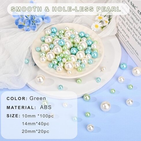 U-LIAN Green Floating Beads for Centerpieces, 160PCS No Hole Faux Pearls and 3000PCS Water Beads for Vase Filler, Round Glossy Polished Bead for Table Scatters, Wedding Party, Home Decor, 10/14/20mm in Kuwait