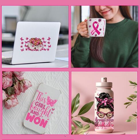 UV DTF Cup Wrap - 5 صفائح توعية بسرطان الثدي UV DTF Cup Wraps لـ 16 Oz RIBBON DTF DTF ملفات شارات UV DTF مخصصة لملصقات الكؤوس الزجاجية DIY الخشب in Kuwait