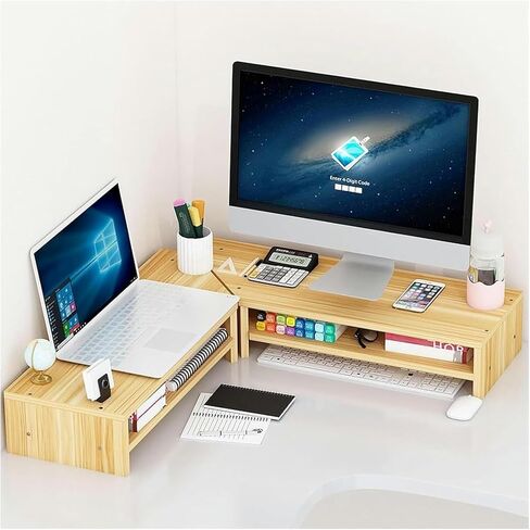 Triangle Monitor Stand Riser, Corner Monitor Stand, 2 Tier Wooden Desktop Corner Stand with Storage, Monitor Riser Fit Computer(Brown) in Saudi Arabia