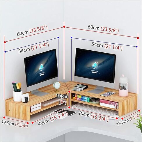 Triangle Monitor Stand Riser, Corner Monitor Stand, 2 Tier Wooden Desktop Corner Stand with Storage, Monitor Riser Fit Computer(Brown) in Saudi Arabia