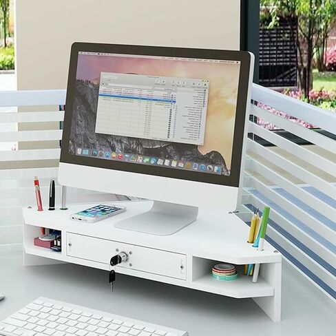 Triangle Corner Desk Monitor Stand Riser with Pen Holder and Drawer 2 Shelf Storage Rack for Laptop TV Tablet in Saudi Arabia