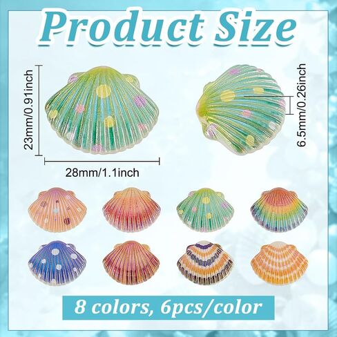 PH PandaHall 48PCS Dyied Flat Back Shells, 8 Colors Resin Sea Shell Cabochons Glitter Ocean Seashell Charms Pendants Cute Shell Embellishments for DIY Scrapbooking Ring Hair Clips Jewelry Making in Saudi Arabia