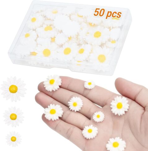 Daisy Flowers Craft Kit, 50 Pcs Resin Daisies in 3 Sizes with Storage Box, Flat Back Floral Embellishments for DIY Scrapbooking, Home Wedding Party Decor, Food Safe Decoration in Saudi Arabia