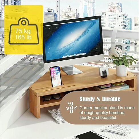 Triangle Monitor Stand Riser - Walnut Corner Monitor Stand with 2-Tier Storage Space-Saving Desktop Shelf for Dual Monitors Ergonomic Desk Accessory in Saudi Arabia