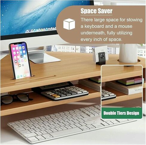 Triangle Monitor Stand Riser - Walnut Corner Monitor Stand with 2-Tier Storage Space-Saving Desktop Shelf for Dual Monitors Ergonomic Desk Accessory in Saudi Arabia