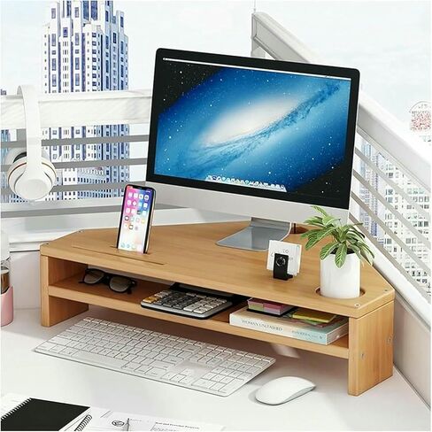 Triangle Monitor Stand Riser - Walnut Corner Monitor Stand with 2-Tier Storage Space-Saving Desktop Shelf for Dual Monitors Ergonomic Desk Accessory in Saudi Arabia