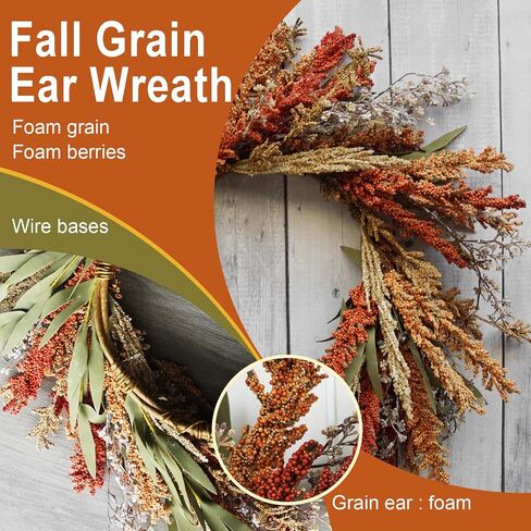 Fall Harvest Grain Wreath for Front Door Outside, 22-24 Inch Indoor Outdoor Wreath for Thanksgiving, Farmhouse Autumn Wreath for Home Porch Wall Window in Saudi Arabia