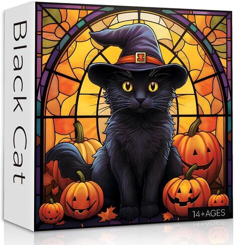 Stained Glass Puzzle Cat Puzzles for Adults 1000 Pieces, Black Cat Vintage Halloween Puzzle, Pumpkin Jigsaw Puzzle Challenging Puzzles for Adults in Saudi Arabia