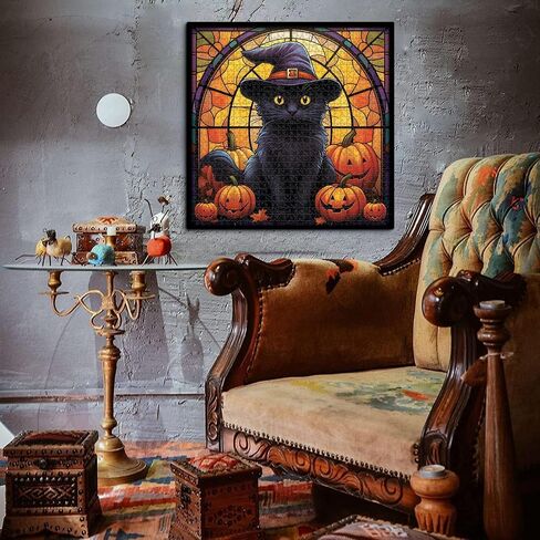 Stained Glass Puzzle Cat Puzzles for Adults 1000 Pieces, Black Cat Vintage Halloween Puzzle, Pumpkin Jigsaw Puzzle Challenging Puzzles for Adults in Saudi Arabia