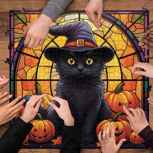 Stained Glass Puzzle Cat Puzzles for Adults 1000 Pieces, Black Cat Vintage Halloween Puzzle, Pumpkin Jigsaw Puzzle Challenging Puzzles for Adults in Saudi Arabia