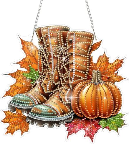 DOMROM Fall Diamond Art Hanging Pendant, DIY Pumpkin Diamond Art Painting Window Pendants, Special Shaped Rhinestone, Double Sided Pattern Wall Hanging Sign for Beginners DIY Crafts Decor in Saudi Arabia