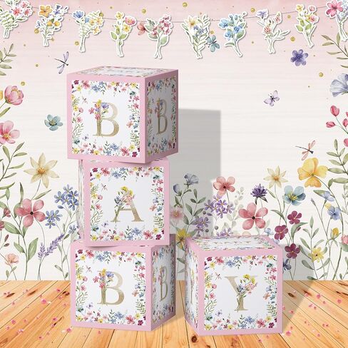 Flower Floral Baby Shower Decorations Balloon Boxes Printed Gold Letters - 4 Pcs Pink Wildflower Floral Blocks Backdrop Decorations for Baby in Bloom, Gender Reveal Birthday Party Supplies in Saudi Arabia