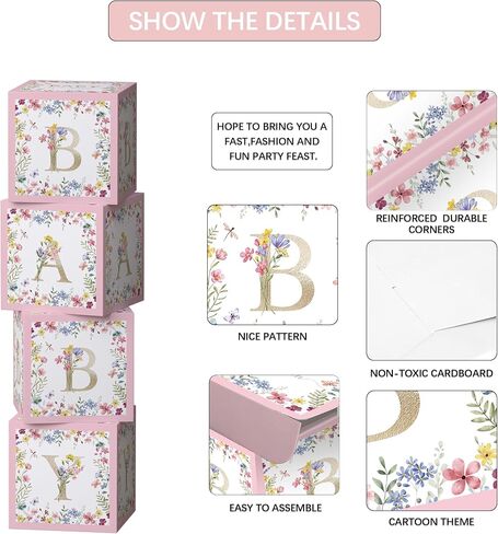 Flower Floral Baby Shower Decorations Balloon Boxes Printed Gold Letters - 4 Pcs Pink Wildflower Floral Blocks Backdrop Decorations for Baby in Bloom, Gender Reveal Birthday Party Supplies in Saudi Arabia