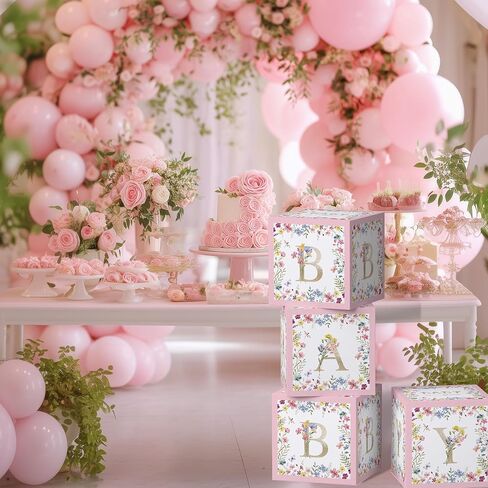 Flower Floral Baby Shower Decorations Balloon Boxes Printed Gold Letters - 4 Pcs Pink Wildflower Floral Blocks Backdrop Decorations for Baby in Bloom, Gender Reveal Birthday Party Supplies in Saudi Arabia
