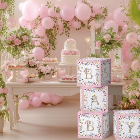 Flower Floral Baby Shower Decorations Balloon Boxes Printed Gold Letters - 4 Pcs Pink Wildflower Floral Blocks Backdrop Decorations for Baby in Bloom, Gender Reveal Birthday Party Supplies in Saudi Arabia
