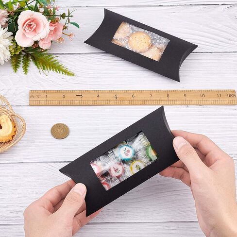 BENECREAT 30pcs 6x3x1 Inches Black Kraft Paper Pillow Boxes with Clear Window, Candy Packaging Box Treat Box for Birthday Wedding Party in Saudi Arabia