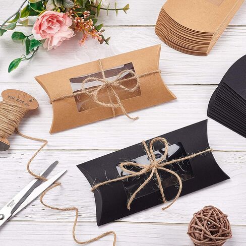BENECREAT 30pcs 6x3x1 Inches Black Kraft Paper Pillow Boxes with Clear Window, Candy Packaging Box Treat Box for Birthday Wedding Party in Saudi Arabia