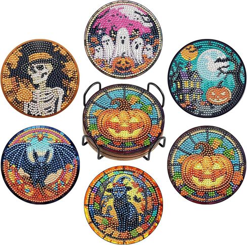 Zynlio Halloween Diamond Paints Coasters مجموعات مع حامل ، فن الهالوين الماس ، وقائحة Diy Diamond Crafts للبالغين ، ومجموعات الطلاء الفنية الماس للنساء ، والمبتدئين ، لوازم الحرف الماسية in Kuwait
