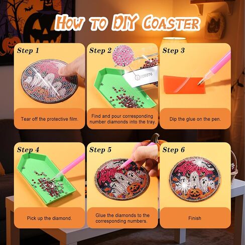 Zynlio Halloween Diamond Paints Coasters مجموعات مع حامل ، فن الهالوين الماس ، وقائحة Diy Diamond Crafts للبالغين ، ومجموعات الطلاء الفنية الماس للنساء ، والمبتدئين ، لوازم الحرف الماسية in Kuwait