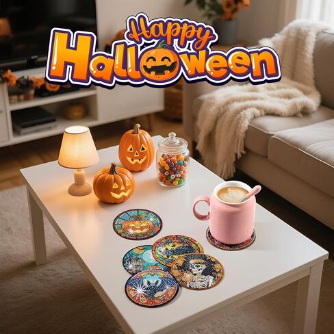 Zynlio Halloween Diamond Paints Coasters مجموعات مع حامل ، فن الهالوين الماس ، وقائحة Diy Diamond Crafts للبالغين ، ومجموعات الطلاء الفنية الماس للنساء ، والمبتدئين ، لوازم الحرف الماسية in Kuwait