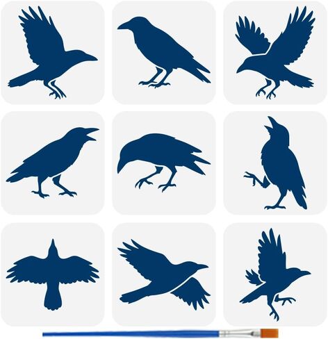 Fingerinspire 9pcs stency Raven مع فرشاة الطلاء البلاستيكية 1pc 5.9x5.9 بوصة 9 أنماط من الأنماط الرسم قوالب زخرفة الحيوانات للحيوانات للطلاء على الخشب ، القماش ، النسيج ، الجدار ، الأثاث in Kuwait