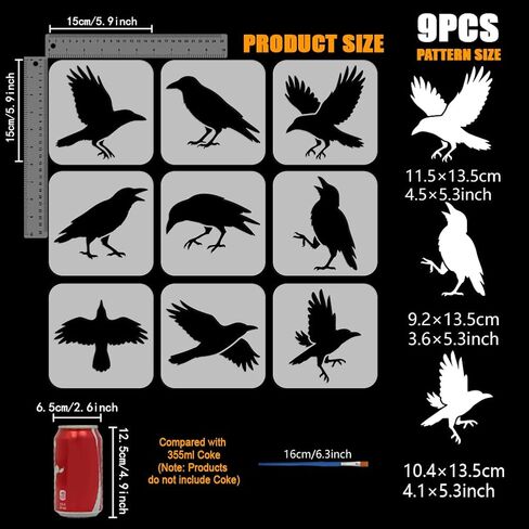 Fingerinspire 9pcs stency Raven مع فرشاة الطلاء البلاستيكية 1pc 5.9x5.9 بوصة 9 أنماط من الأنماط الرسم قوالب زخرفة الحيوانات للحيوانات للطلاء على الخشب ، القماش ، النسيج ، الجدار ، الأثاث in Kuwait