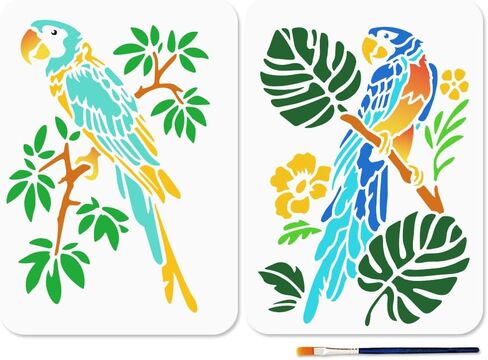 Mayjoydiy Parrot Stencil Birds الزهور الإستنسل 11.7x8.3inch يترك الشجرات من أجل إعادة الاستخدام مع قوالب حيوانية للطلاء للحرف على الحائط الخشب ديكور المنزل ديي in Kuwait