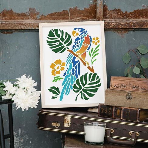 Mayjoydiy Parrot Stencil Birds الزهور الإستنسل 11.7x8.3inch يترك الشجرات من أجل إعادة الاستخدام مع قوالب حيوانية للطلاء للحرف على الحائط الخشب ديكور المنزل ديي in Kuwait