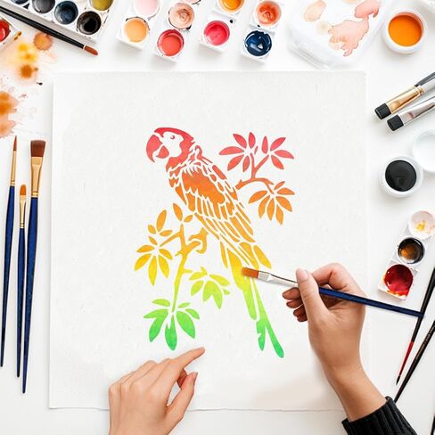 Mayjoydiy Parrot Stencil Birds الزهور الإستنسل 11.7x8.3inch يترك الشجرات من أجل إعادة الاستخدام مع قوالب حيوانية للطلاء للحرف على الحائط الخشب ديكور المنزل ديي in Kuwait