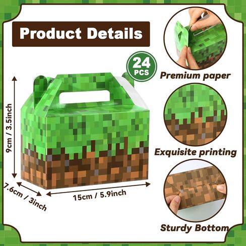 24Pcs Pixel Party Favors Gift Boxes Mining Pixel Paper Treat Boxes Bulk Green Brown Video Game Themed Birthday Goodie Candy Box for Kids Gamer Birthday Supplies Pixelated Party Baby Shower Decoration in Saudi Arabia