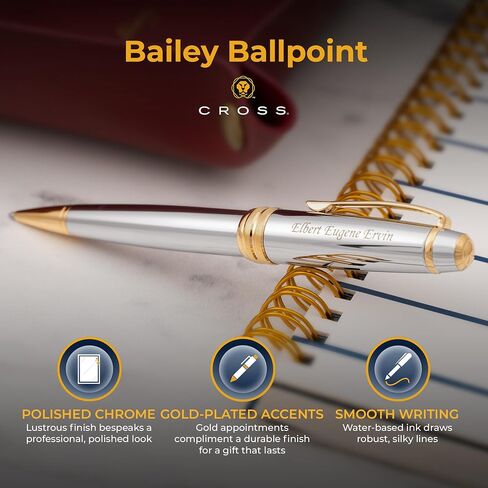 Dayspring Pens Personalized Cross Bailey Medalist Ballpoint Pen - Chrome with Gold Trim | Luxury Engraved Pen, Customized Pens for Men, Women, Executive Business Milestone or Graduation Gift-Black Ink in Kuwait