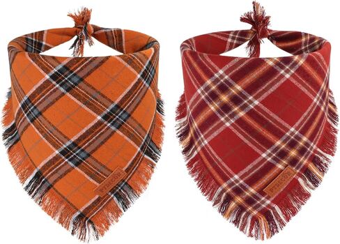 Ptdecor Fall Dog Bandanas مع حواف الشرابات ، وشاح البرتقالي والبني منقوش ، عيد الشكر عيد الشكر باندانا ، عصابات مثلث قابلة للانعكاس للقطط الصغيرة للكلاب (صغيرة) in Kuwait