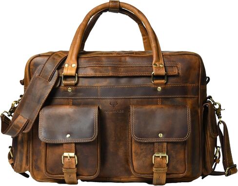 Tan Leather Laptop Bag for Men & Women – 15 Inch Full Grain Cowhide Briefcase with Cotton Poly Drill Lining, Brass Buckles, Brass Zipper, Leather Strap in Saudi Arabia