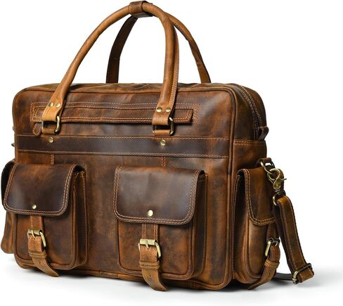 Tan Leather Laptop Bag for Men & Women – 15 Inch Full Grain Cowhide Briefcase with Cotton Poly Drill Lining, Brass Buckles, Brass Zipper, Leather Strap in Saudi Arabia
